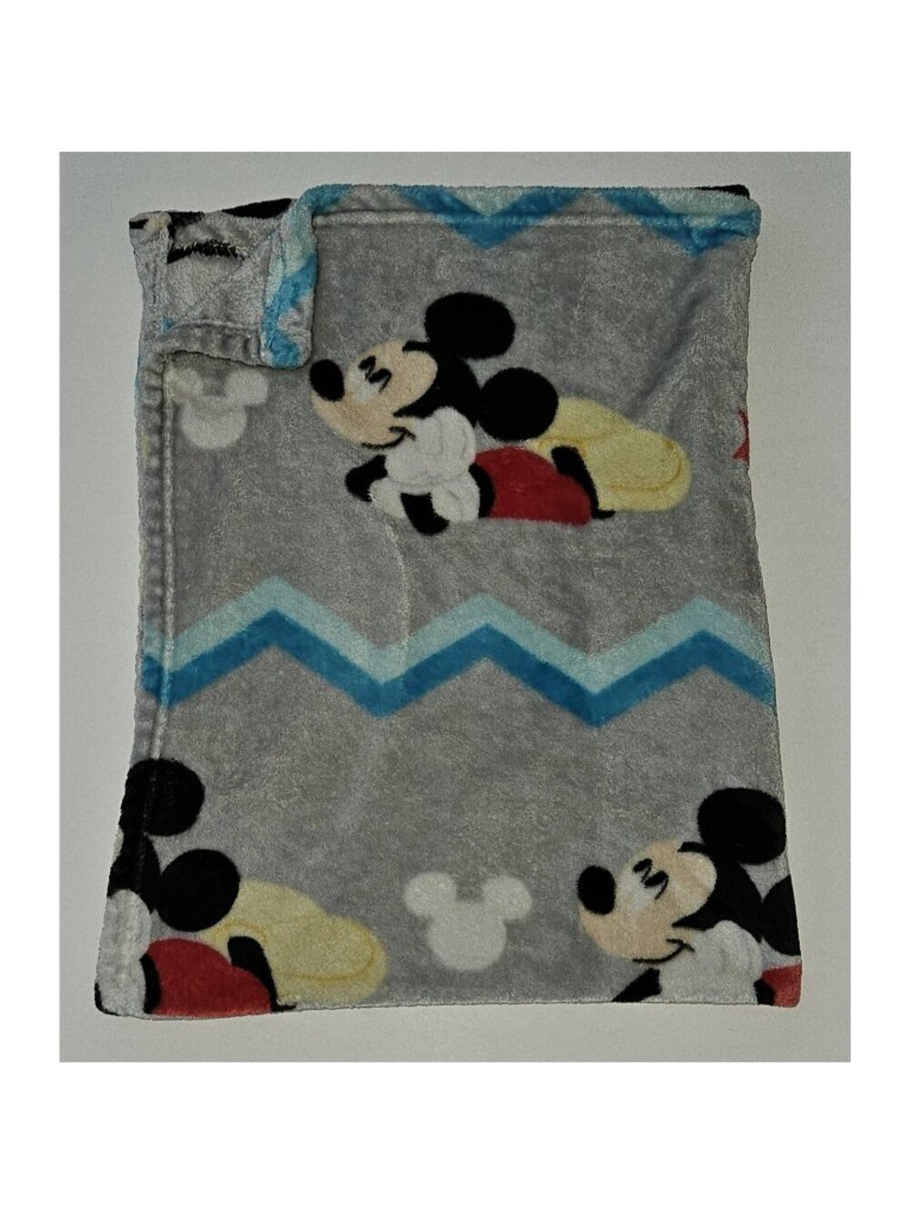 Disney Baby Mickey Mouse Gray Fleece Blanket Aqua Blue Chevron Red Stars 30x38